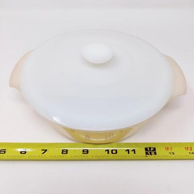FIRE KING PEACH LUSTER ROUND CASSEROLE W/ LID