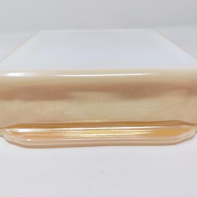 FIRE KING PEACH LUSTER SQUARE CASSEROLE