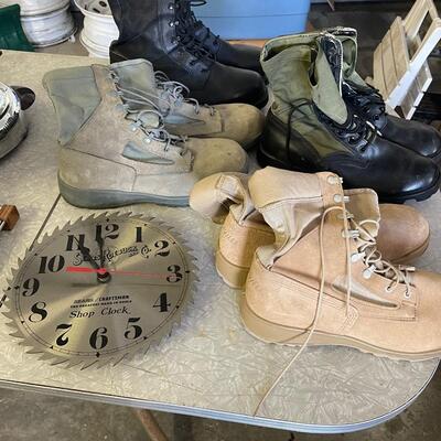 FS96 4 pairs of boots, tan 8.5, green and black 8.5, size 8 for green pair, 9R for black pair, saw clock
