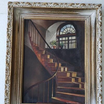 Original Robert M. Rucker  painting 1952 of stairs and a window