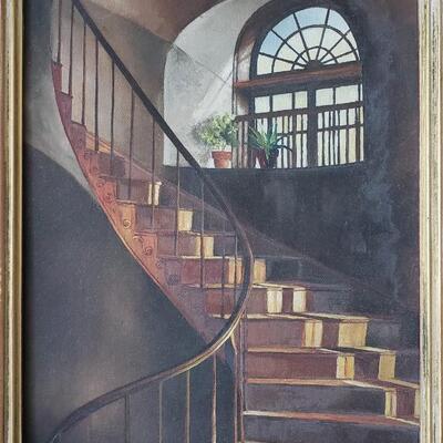 Original Robert M. Rucker  painting 1952 of stairs and a window