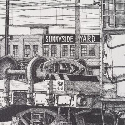 Large lithograph train yard RARE! Poster by Malcolm Flash Gordon Sunnyside Yards 1980