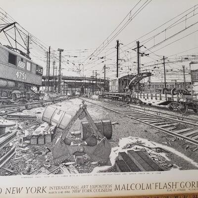 Large lithograph train yard RARE! Poster by Malcolm Flash Gordon Sunnyside Yards 1980