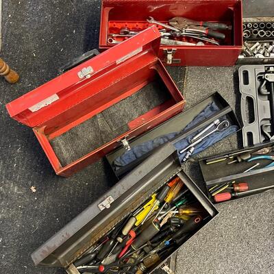 FS76 Socket set, three toolboxes, miscellaneous hardware in military box, internal coil spring compressor