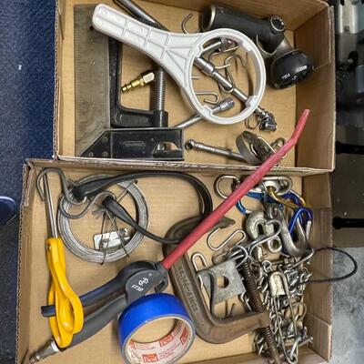FS71 Five speed drill press, bench grinder, hardware, tools, miscellaneous shop supplies and a rough neck tote with lid