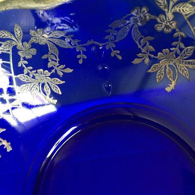 Silver overlay on cobalt blue bowl