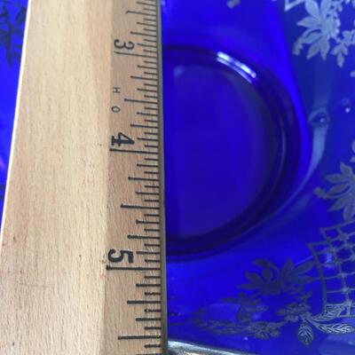 Silver overlay on cobalt blue bowl