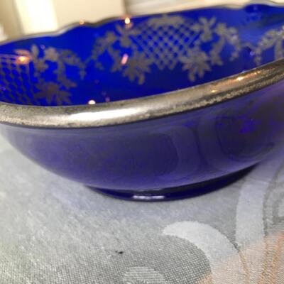 Silver overlay on cobalt blue bowl