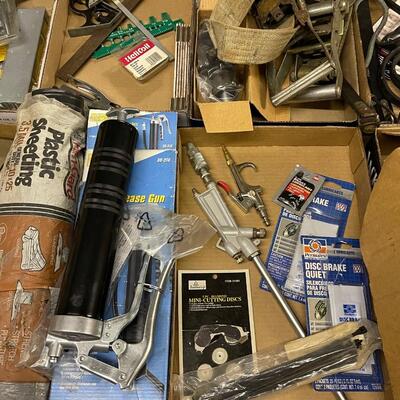 FS33-Pop rivets, sharpening stone, bungees, sandpaper, cameras, plastic sheeting, box of tape and miscellaneous shop materials, new...