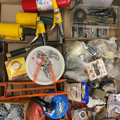 FS32-Utility chain, garden tool, drain cleaner, tie wraps, assorted tape, miscellaneous hardware/attachments, fire extinguisher,...