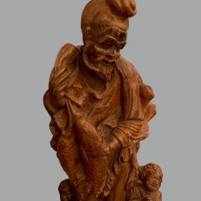 Carved Wood Chinese Fisherman - 23"