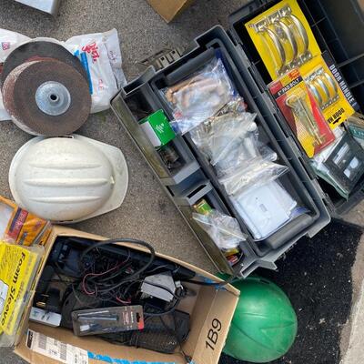 SH78 Toolbox full of miscellaneous hardware, hard hats, box with solar charging components