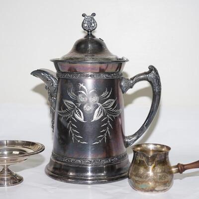 GROUPING OF SILVER / VICTORIAN ERA ENGRAVED WATER PITCHER SILVER OVER PEWTER /STERLING COMPOTE /SILVER GRAVY SERVER