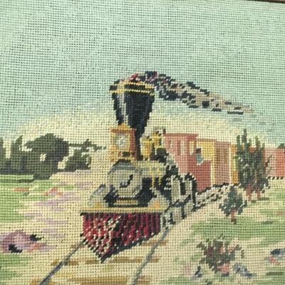 Vintage embroidered train scene