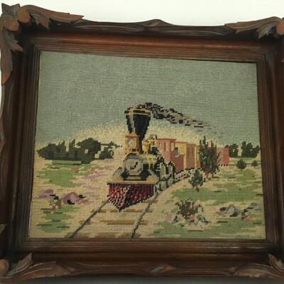 Vintage embroidered train scene