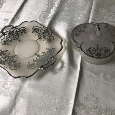Vintage silver overlay plate and covered dish