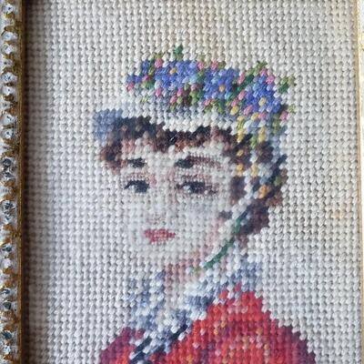 Vintage needlepoint gold framed ladies