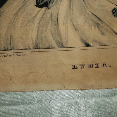 "Lydia" playing a harp, vintage litho print by Currier