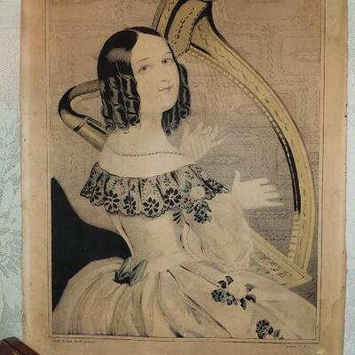 "Lydia" playing a harp, vintage litho print by Currier
