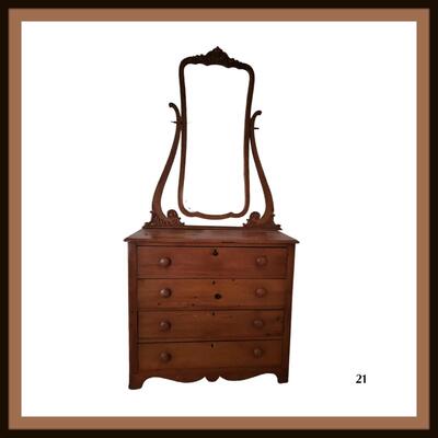 Antique Hardwood Four Drawer Chest with Stand â€“ Beveled Mirror