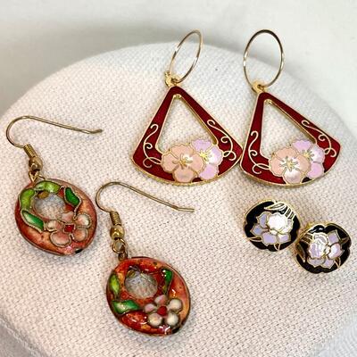 Vintage CloisonnÃ© Floral Earring Trio
