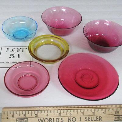 Lot of Vintage Glassware, Cut to Clear Bowl, Cranberry Glass, Blue Bowl