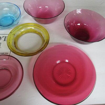 Lot of Vintage Glassware, Cut to Clear Bowl, Cranberry Glass, Blue Bowl