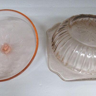 Pink Depression Glass Covered Vegetable Bowl, Adam Pattern, Nice Lid