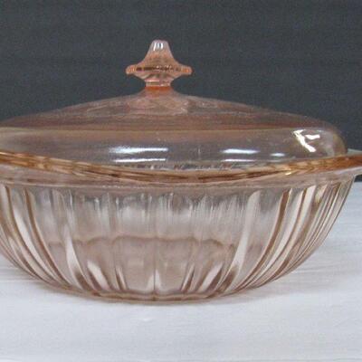 Pink Depression Glass Covered Vegetable Bowl, Adam Pattern, Nice Lid