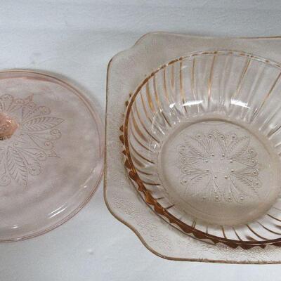 Pink Depression Glass Covered Vegetable Bowl, Adam Pattern, Nice Lid