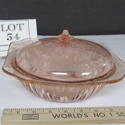 Pink Depression Glass Covered Vegetable Bowl, Adam Pattern, Nice Lid