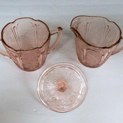 Pink Depresson Glass, Covered Sugar and Creamer, Cherry Blossom Pattern