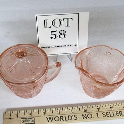 Pink Depresson Glass, Covered Sugar and Creamer, Cherry Blossom Pattern