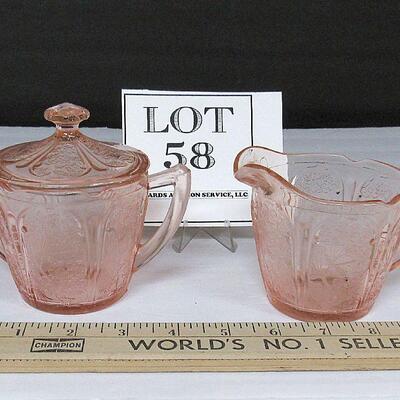 Pink Depresson Glass, Covered Sugar and Creamer, Cherry Blossom Pattern