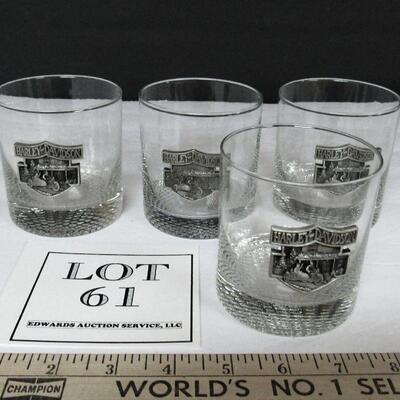 4 Matching Older Harley Davidson Whisky Tumblers With Pewter Emblems