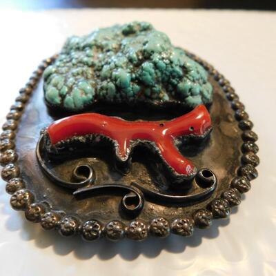 Large Turquoise & Coral Hand Indian Made Belt Buckle SIGNED Southwest Estate Jewelry