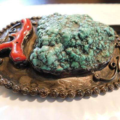 Large Turquoise & Coral Hand Indian Made Belt Buckle SIGNED Southwest Estate Jewelry