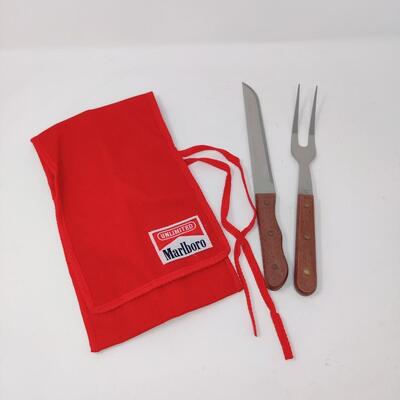 NEW VINTAGE MARLBORO GRILLING UTENSIL SET W/ CANVAS STORAGE BAG #1