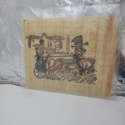 LARGE EGYPTIAN PAPYRUS PAPER ART WORK IN GLASS
