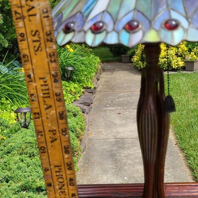 Lot 151: Heavy, Tiffany Styled Stained Glass Shade On Keeder Lamp (Peacock Feather Designed Glass Shade)