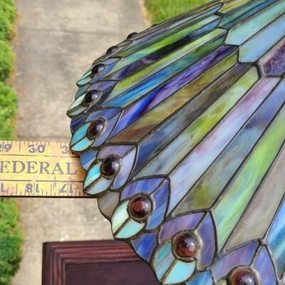 Lot 151: Heavy, Tiffany Styled Stained Glass Shade On Keeder Lamp (Peacock Feather Designed Glass Shade)