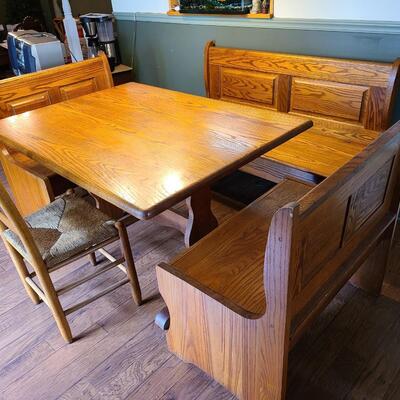Lot 155: Solid Wood Table Dinette Set w/Three Storage Benches and Rush Chair