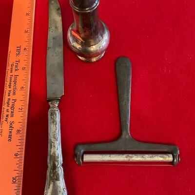 Vintage knife, cheese cutter and salt shaker see pictures for markings