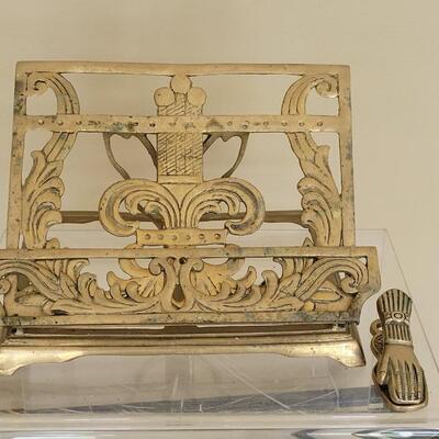 Lot 68: Antique Brass Book Stand and Brass Hand Clip