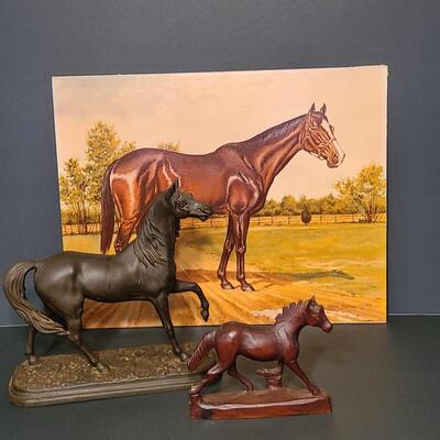 Lot 160: Original Artwork Print on Board, Vintage Metal Horse Statue and More
