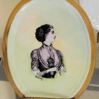 Lot 86: Antique Handpainted Women Plaques and 1 Transfer Ware Plate