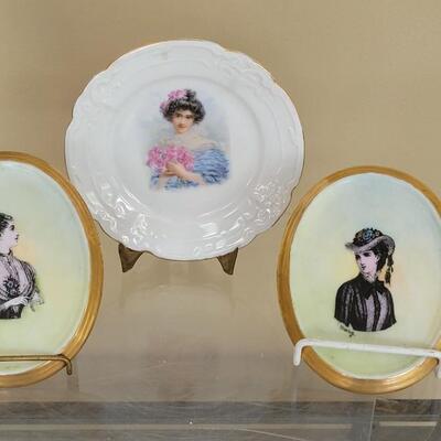 Lot 86: Antique Handpainted Women Plaques and 1 Transfer Ware Plate