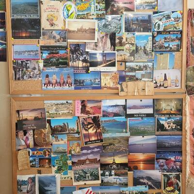 2 LARGE CORK BOARDS FULL OF POSTCARDS
