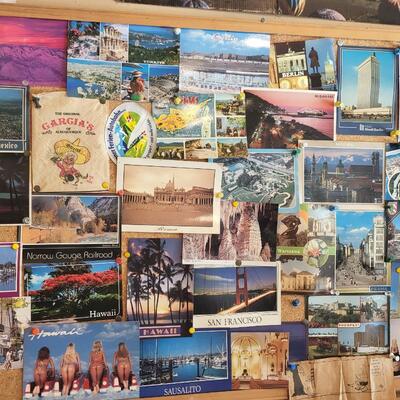 2 LARGE CORK BOARDS FULL OF POSTCARDS
