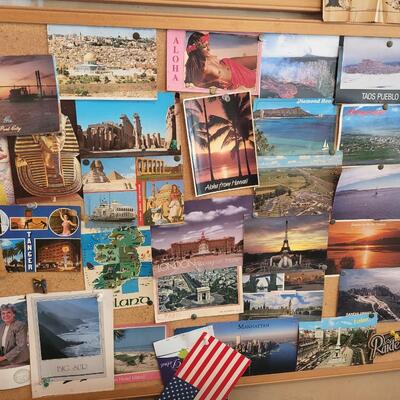 2 LARGE CORK BOARDS FULL OF POSTCARDS